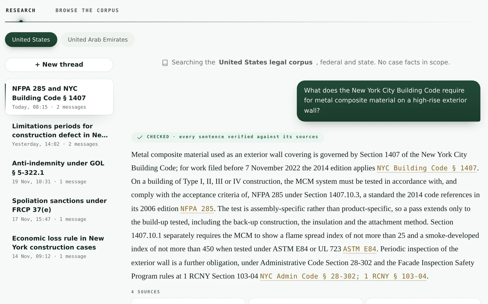 A research question on the New York City Building Code answered from the legal corpus, each sentence cited to its provision.